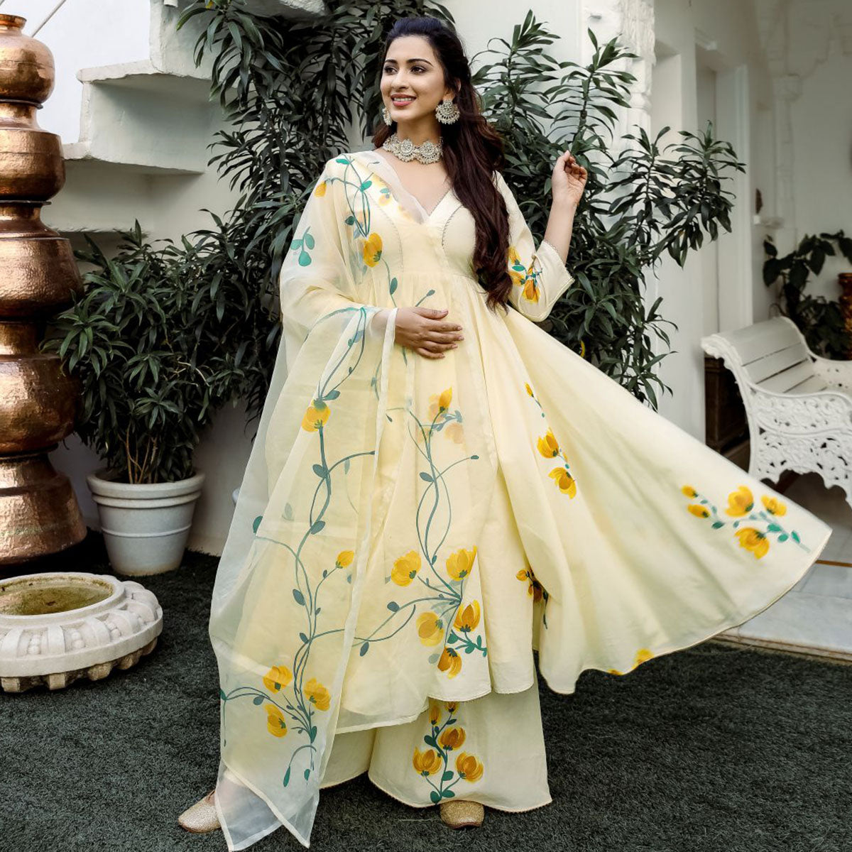 Yellow Handbrush Anarkali Suit Set