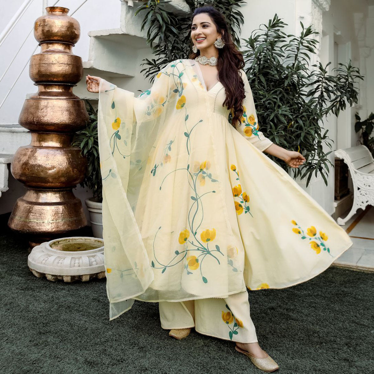 Yellow Handbrush Anarkali Suit Set