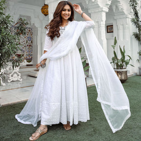 White Chikankari Anarkali Suit Set