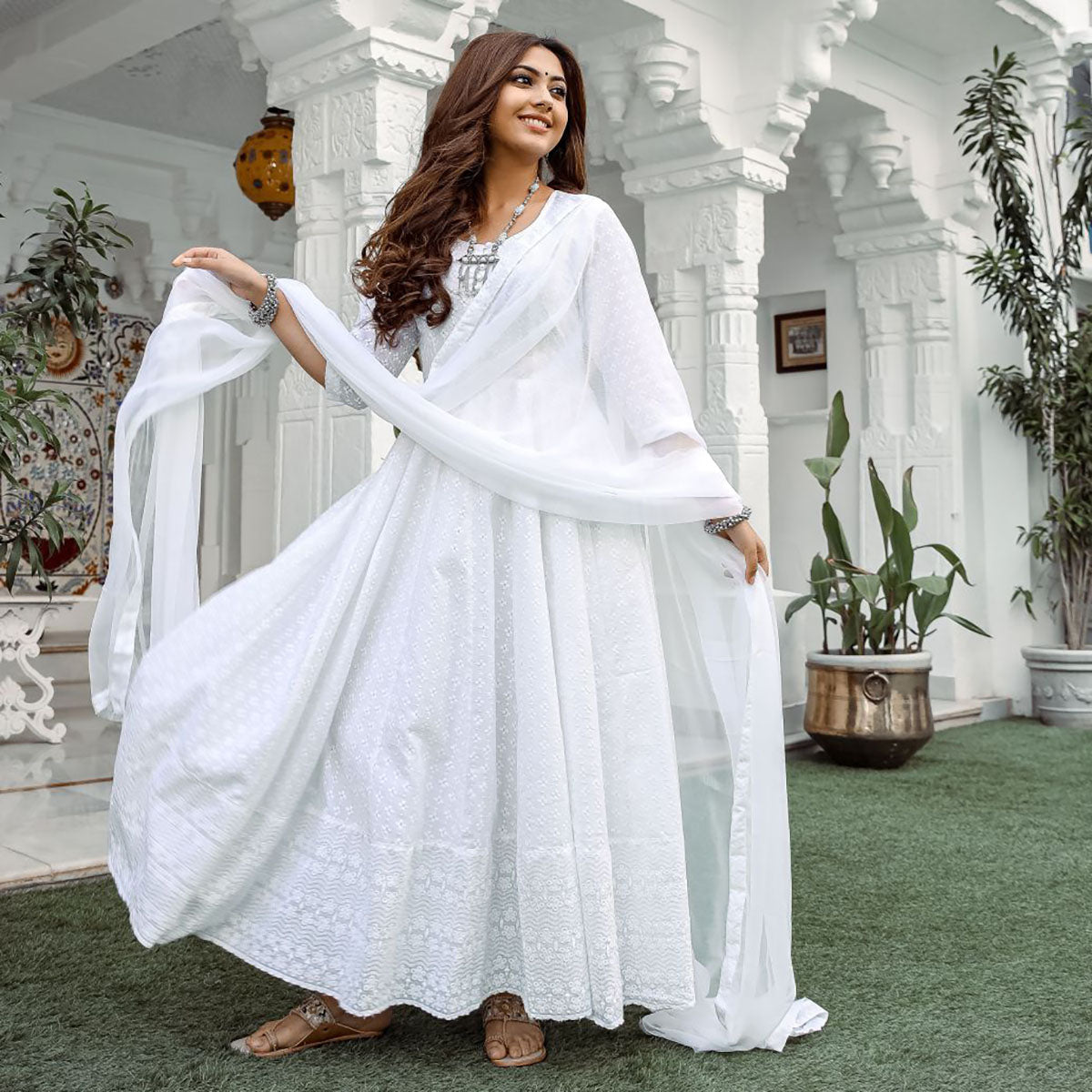 White Chikankari Anarkali Suit Set