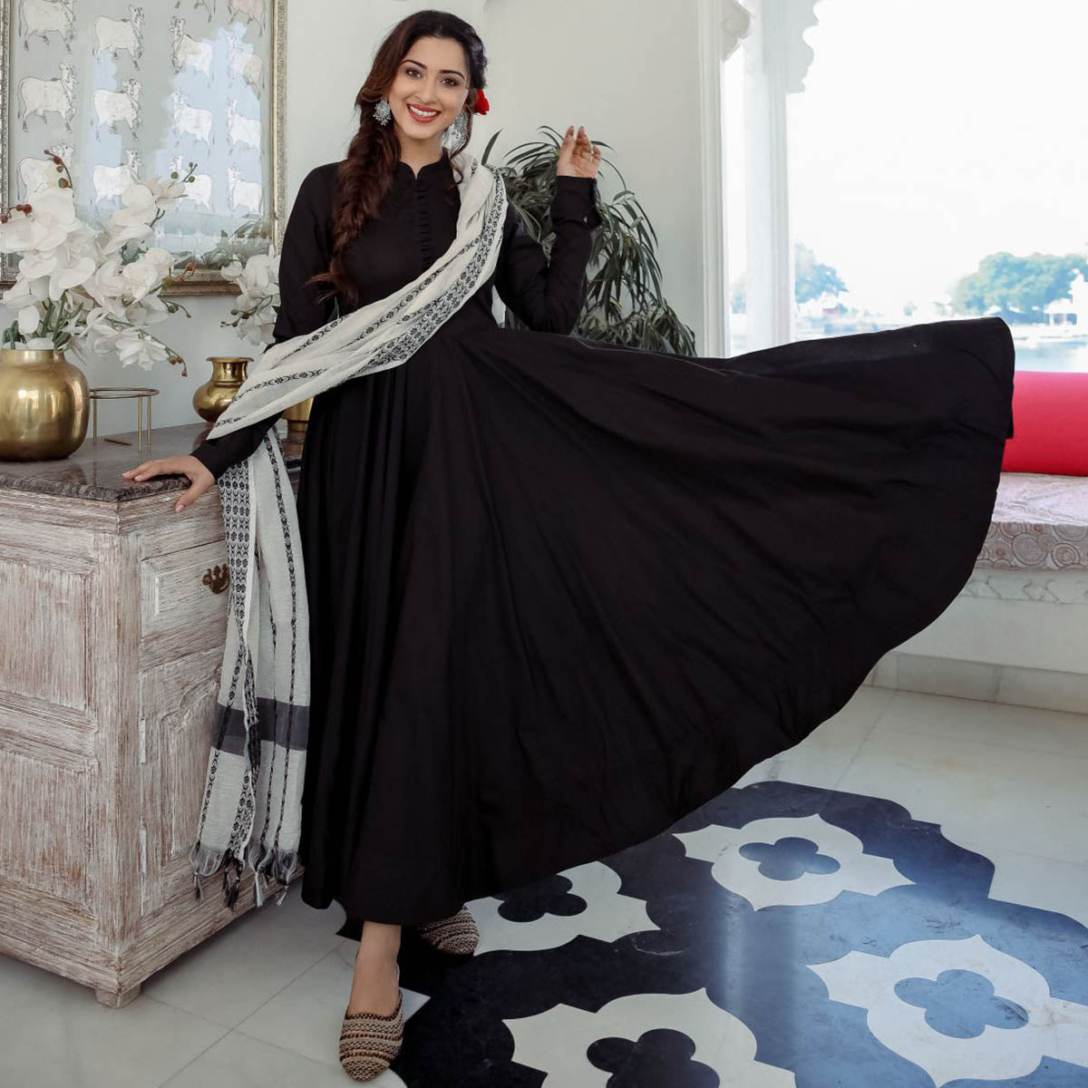 Black Cotton Anarkali Suit Set