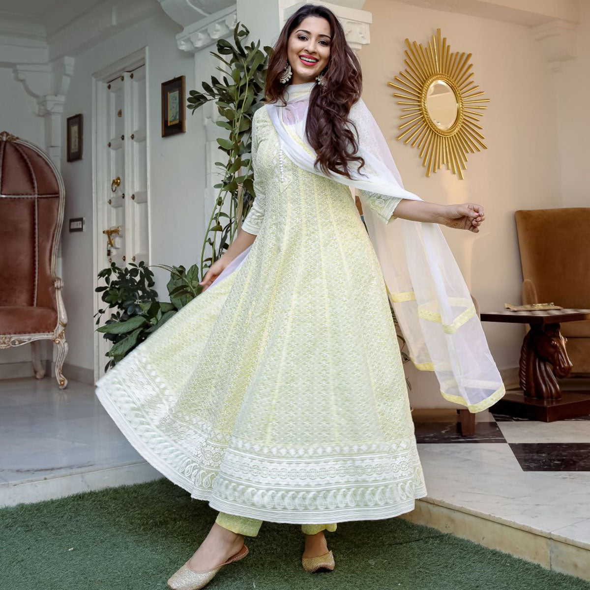 Yellow Chikankari Anarkali Suit Set