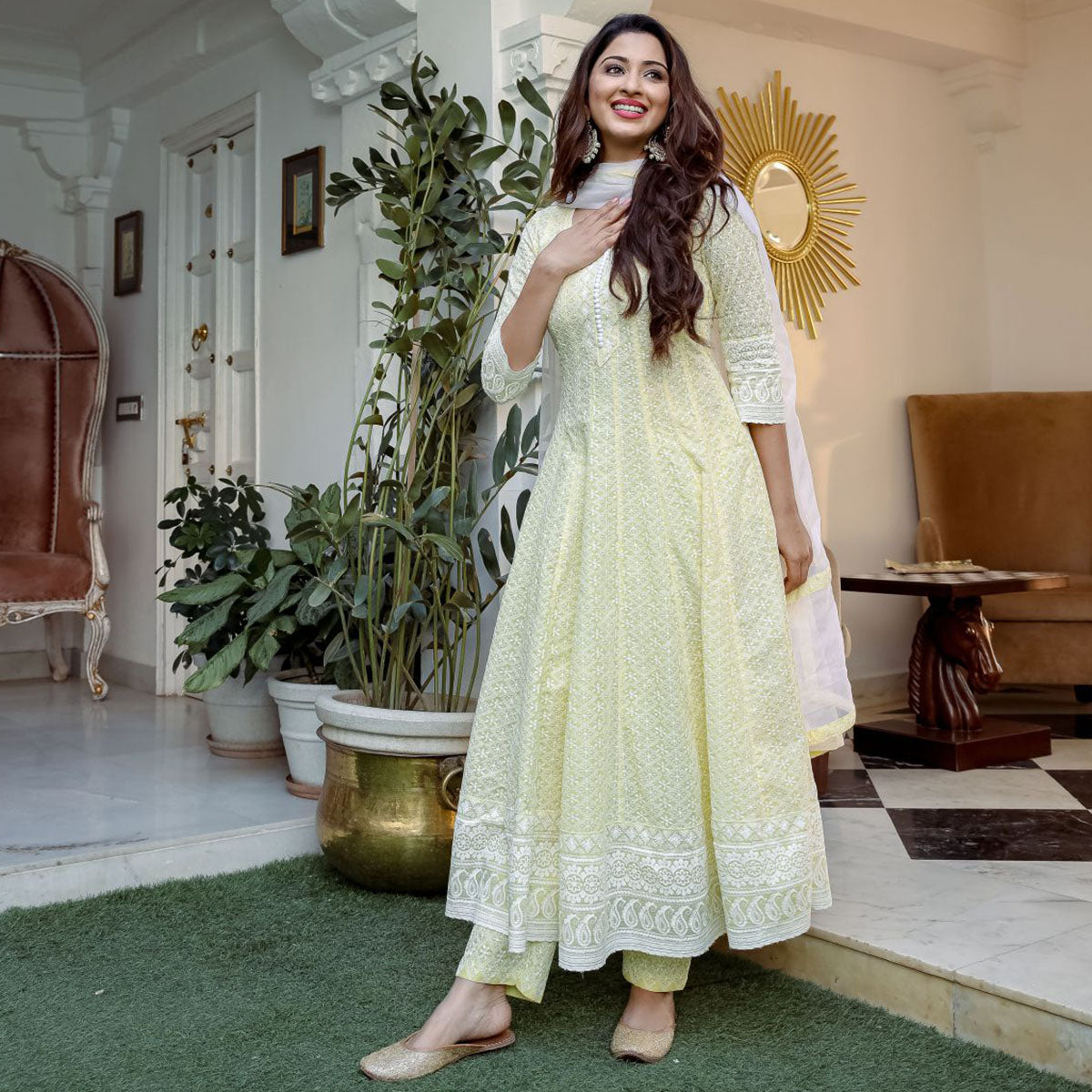 Yellow Chikankari Anarkali Suit Set