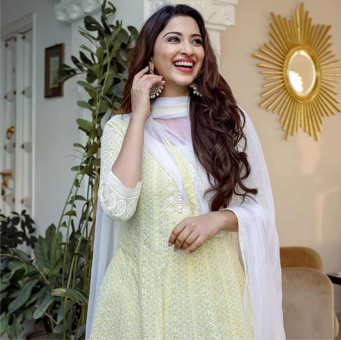 Yellow Chikankari Anarkali Suit Set