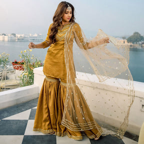 Gold Silk Sharara Dupatta Set