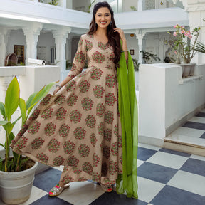 Beige Printed Cotton Anarkali Set