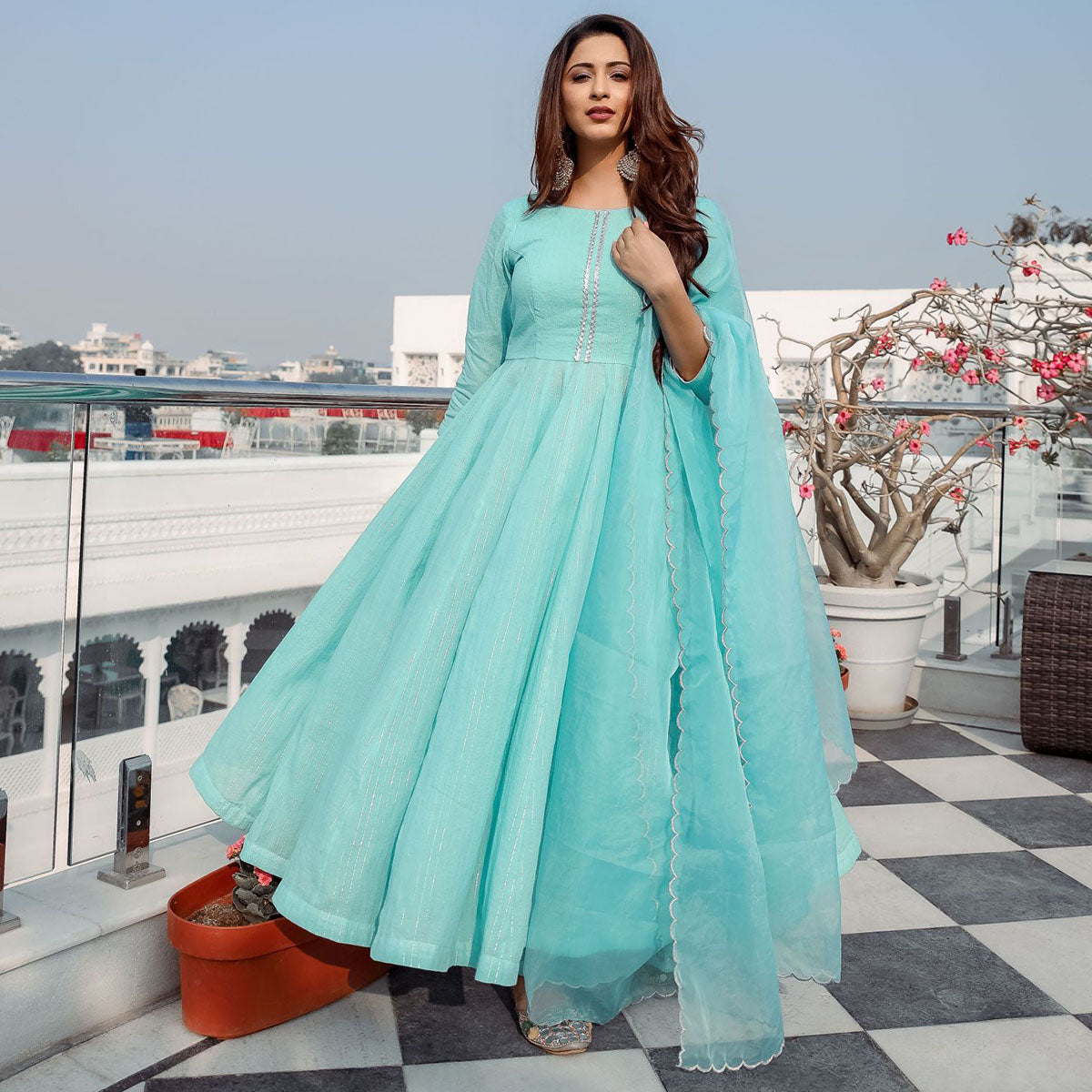 Blue Lurex Cotton Anarkali Set