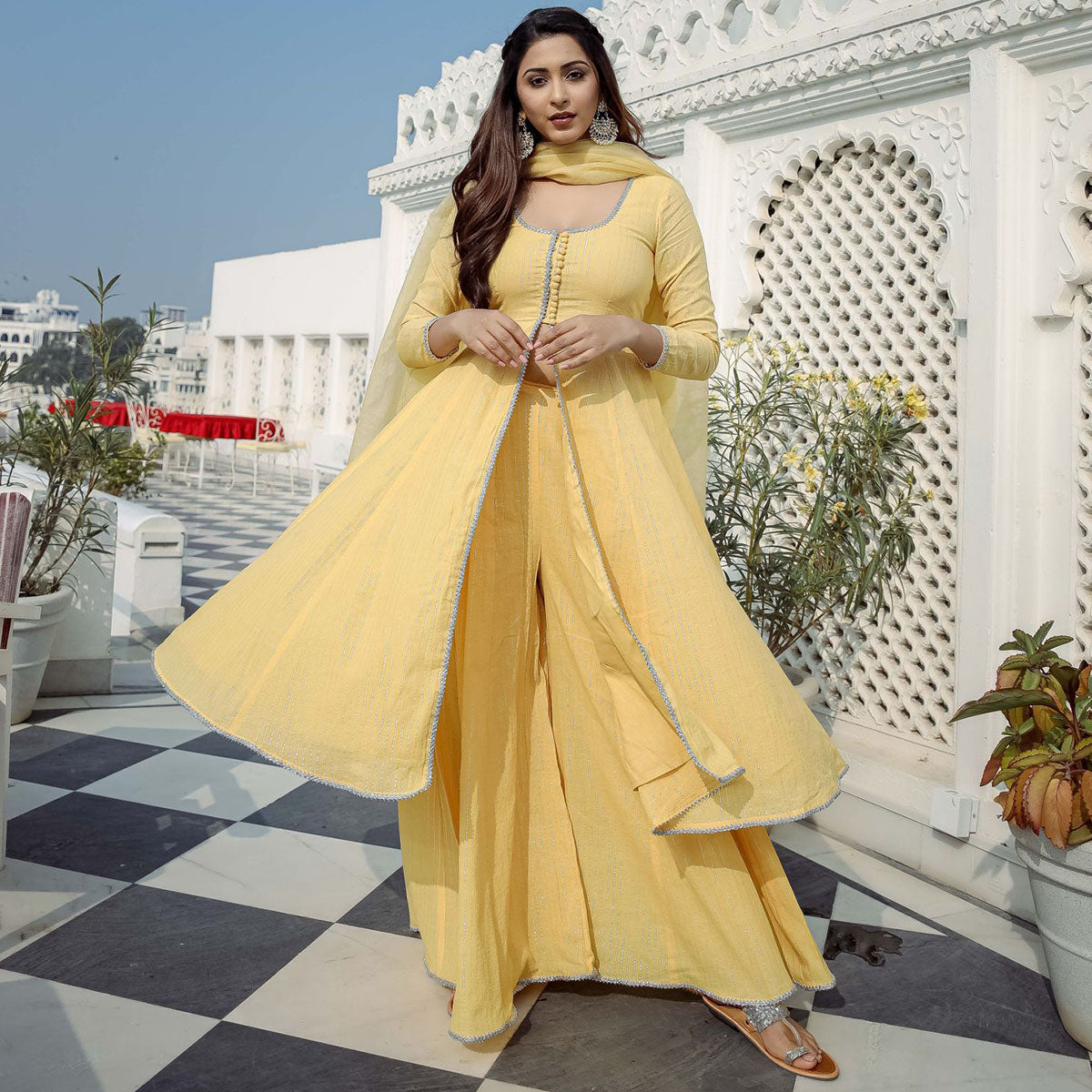 Yellow Lurex Slit Suit Set