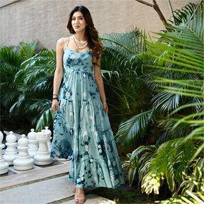 Blue Tie Dye Tiered Long Dress