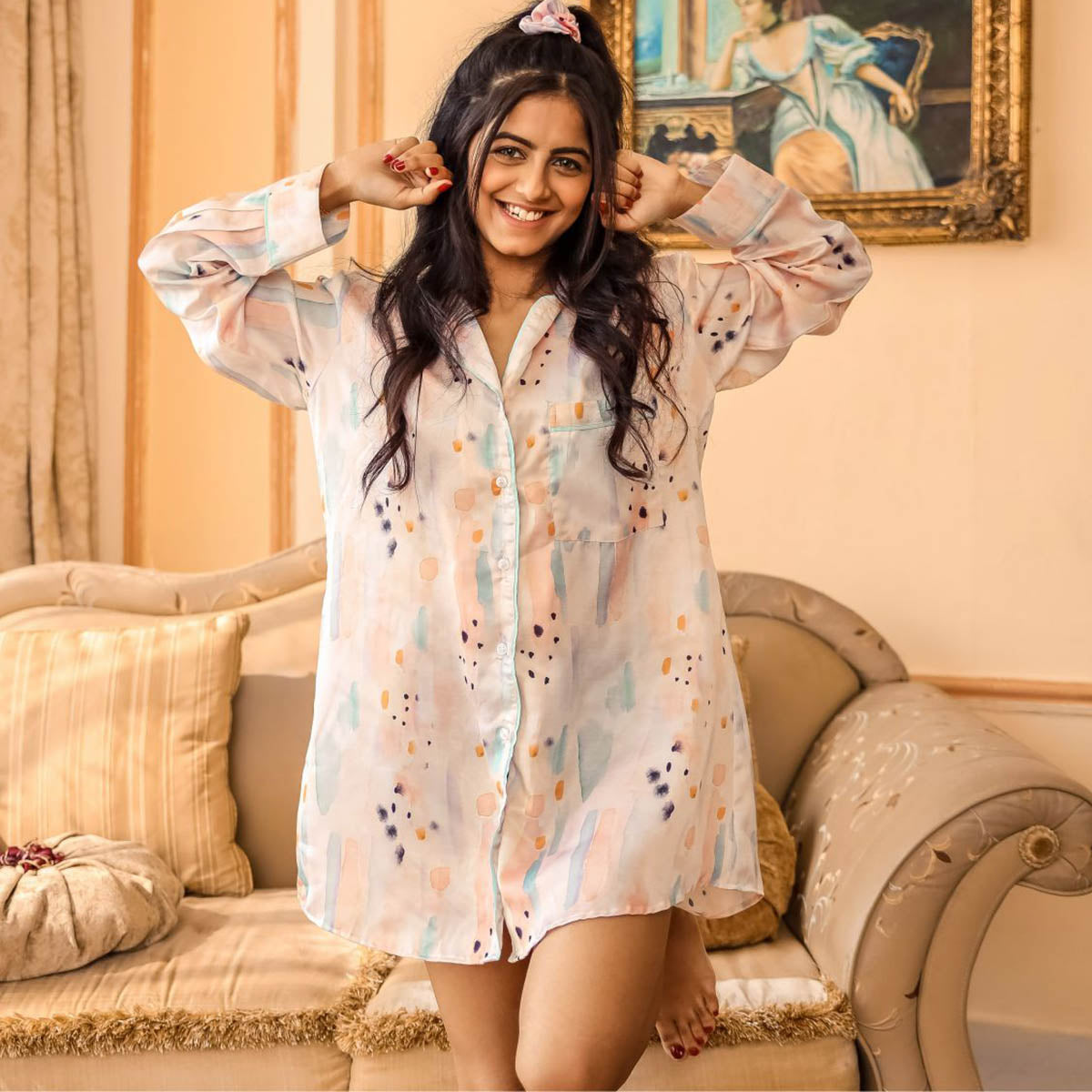 Watercolor Collar Shirt Nightwear Set