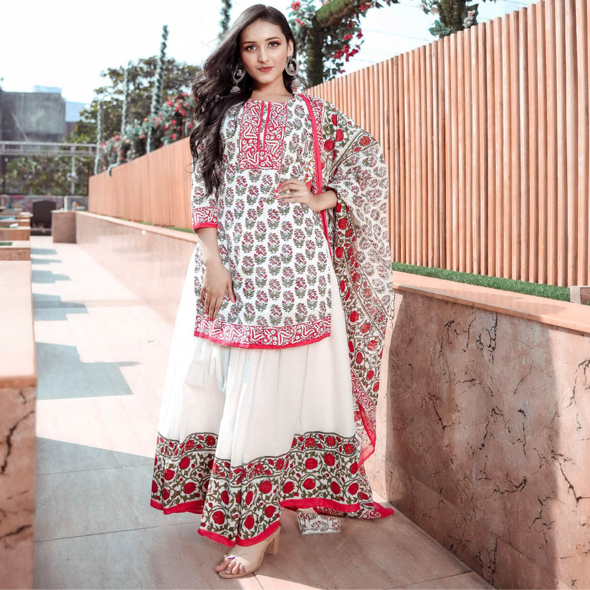 White Block Print Kurta Palazzo Set