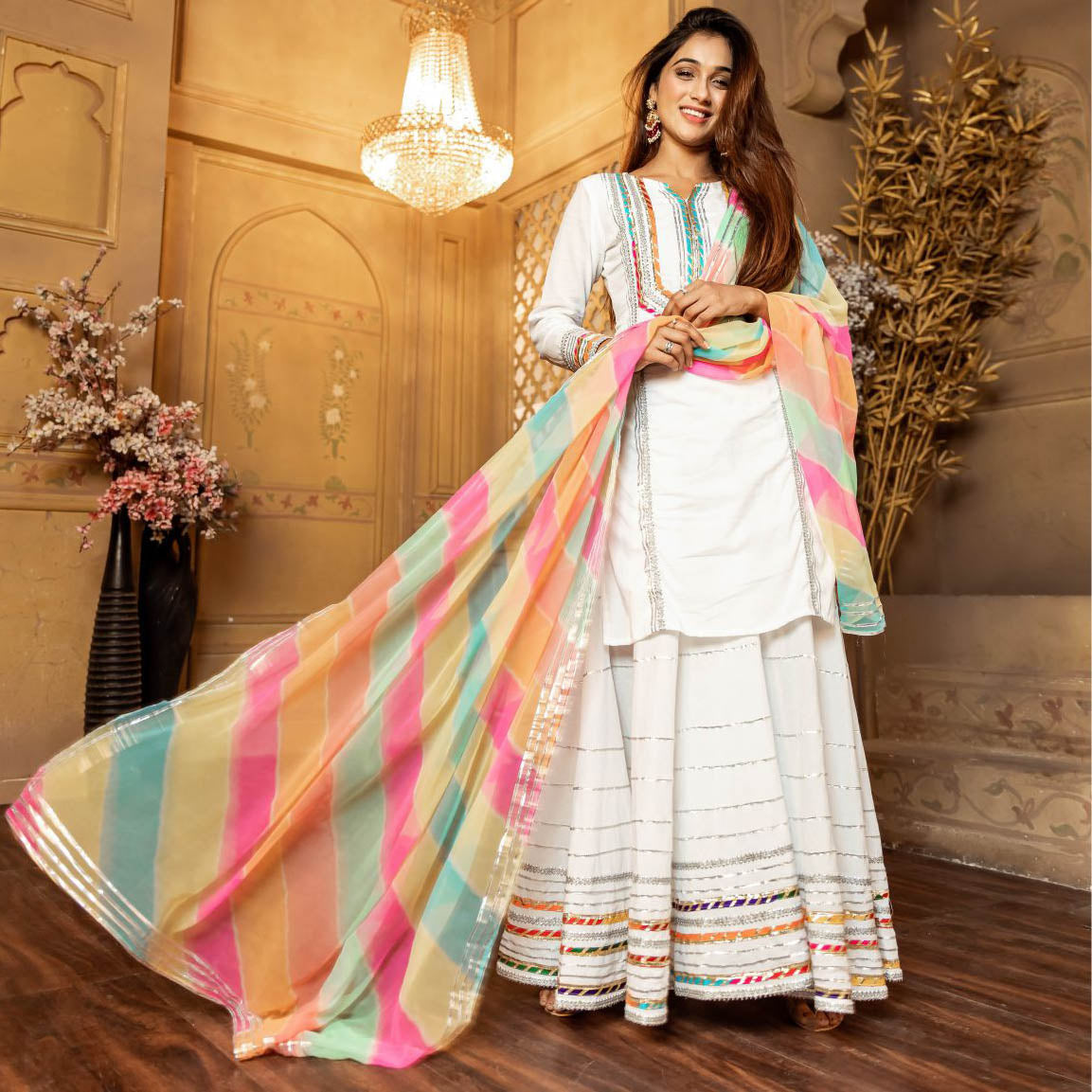 White Multi Color Sharara Set