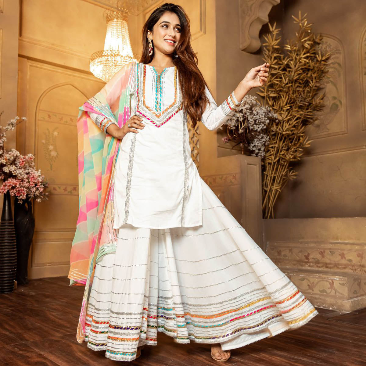 White Multi Color Sharara Set