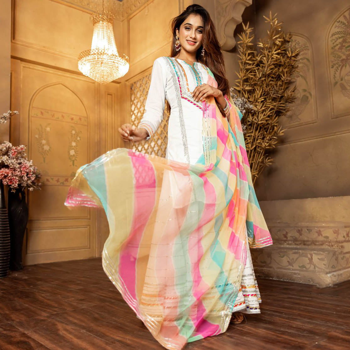 White Multi Color Sharara Set