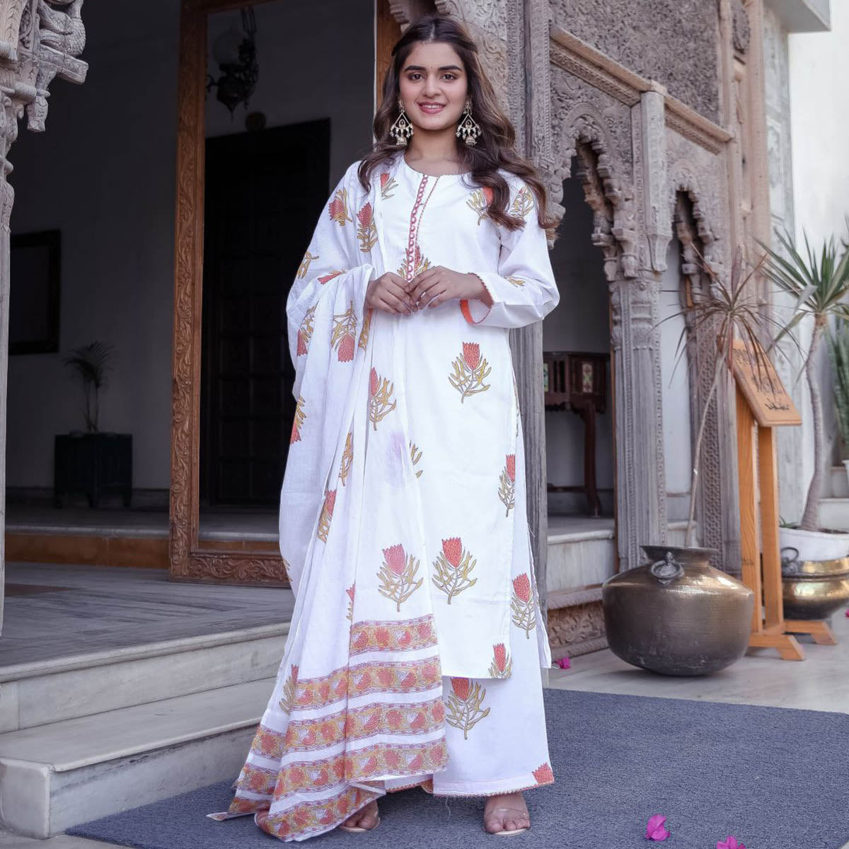 White Sanganeri Block Suit Set