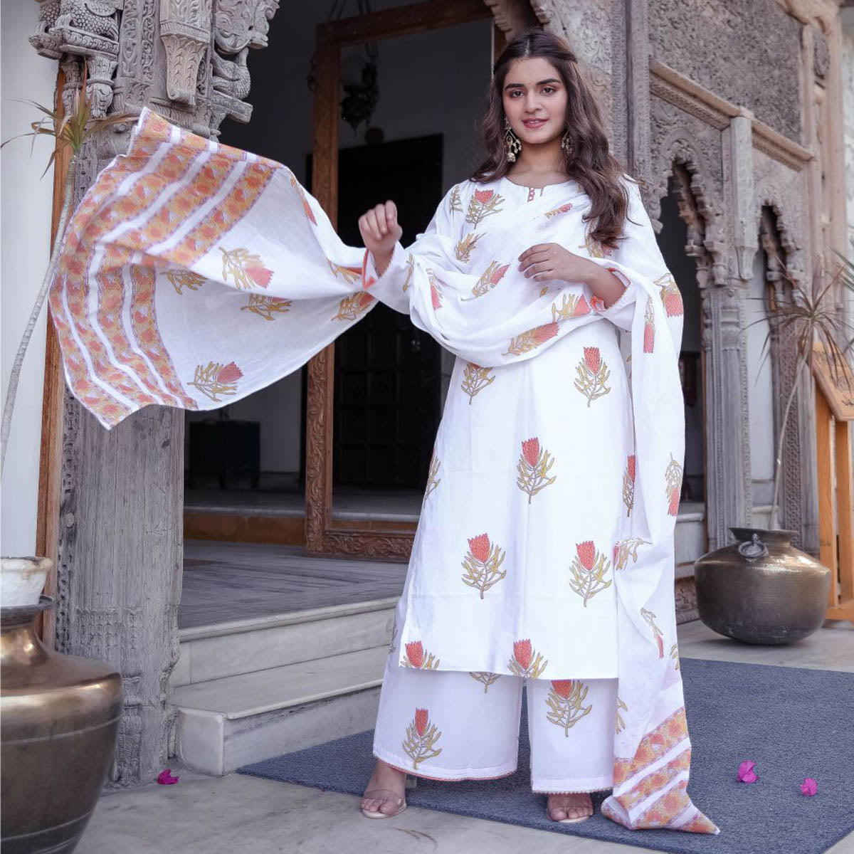 White Sanganeri Block Suit Set