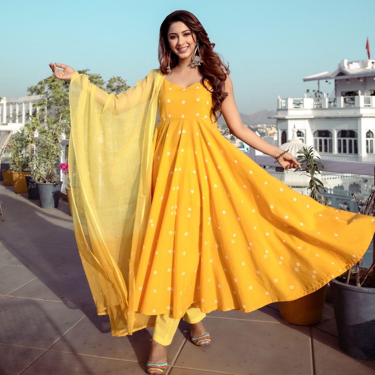 Yellow Bandhej Anarkali Set