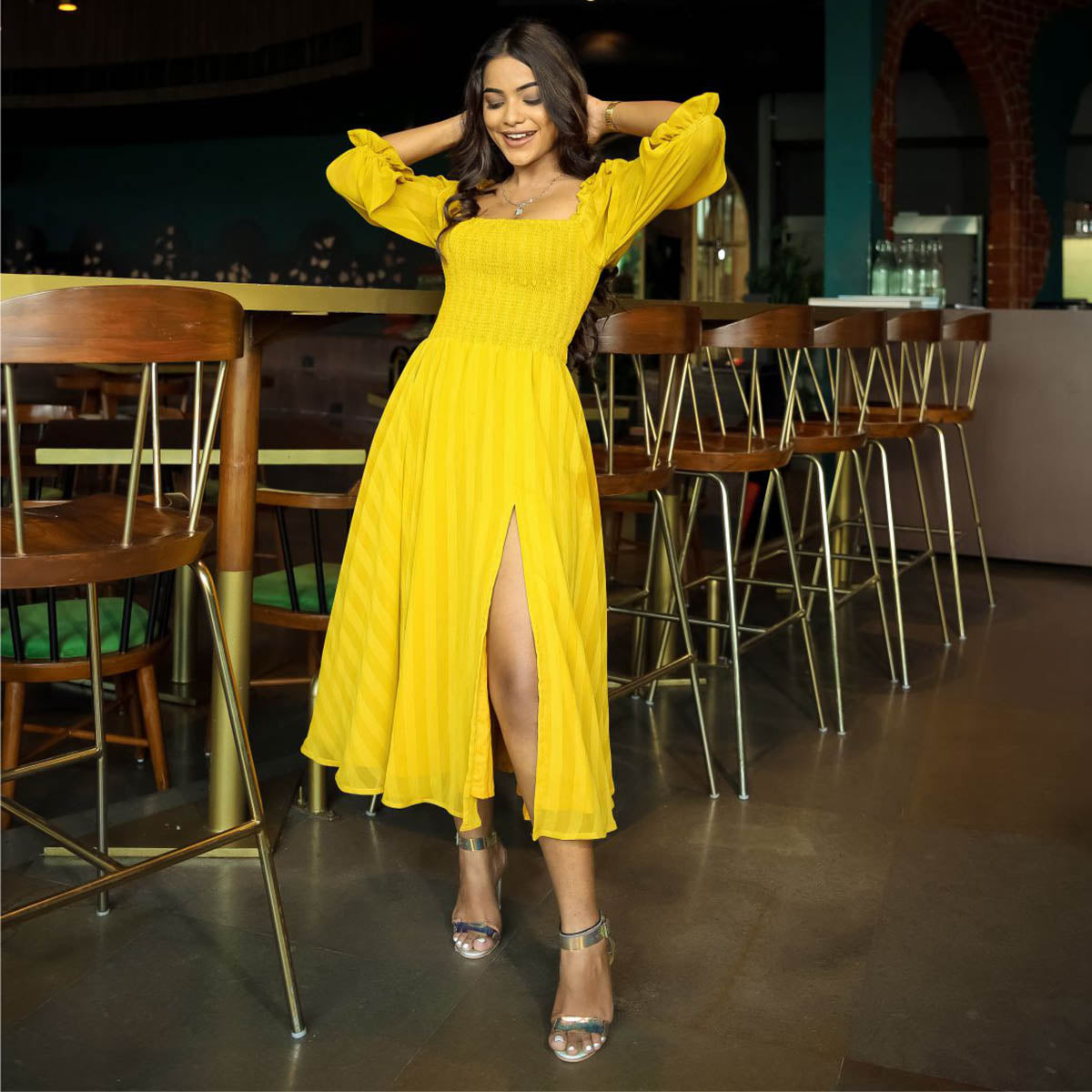 Yellow Chiffon Slit Dress