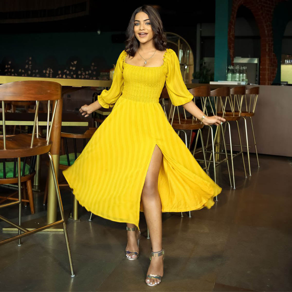 Yellow Chiffon Slit Dress