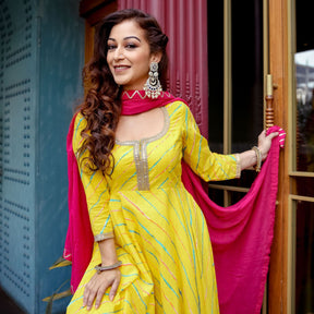 Yellow Leheriya Anarkali Suit Set