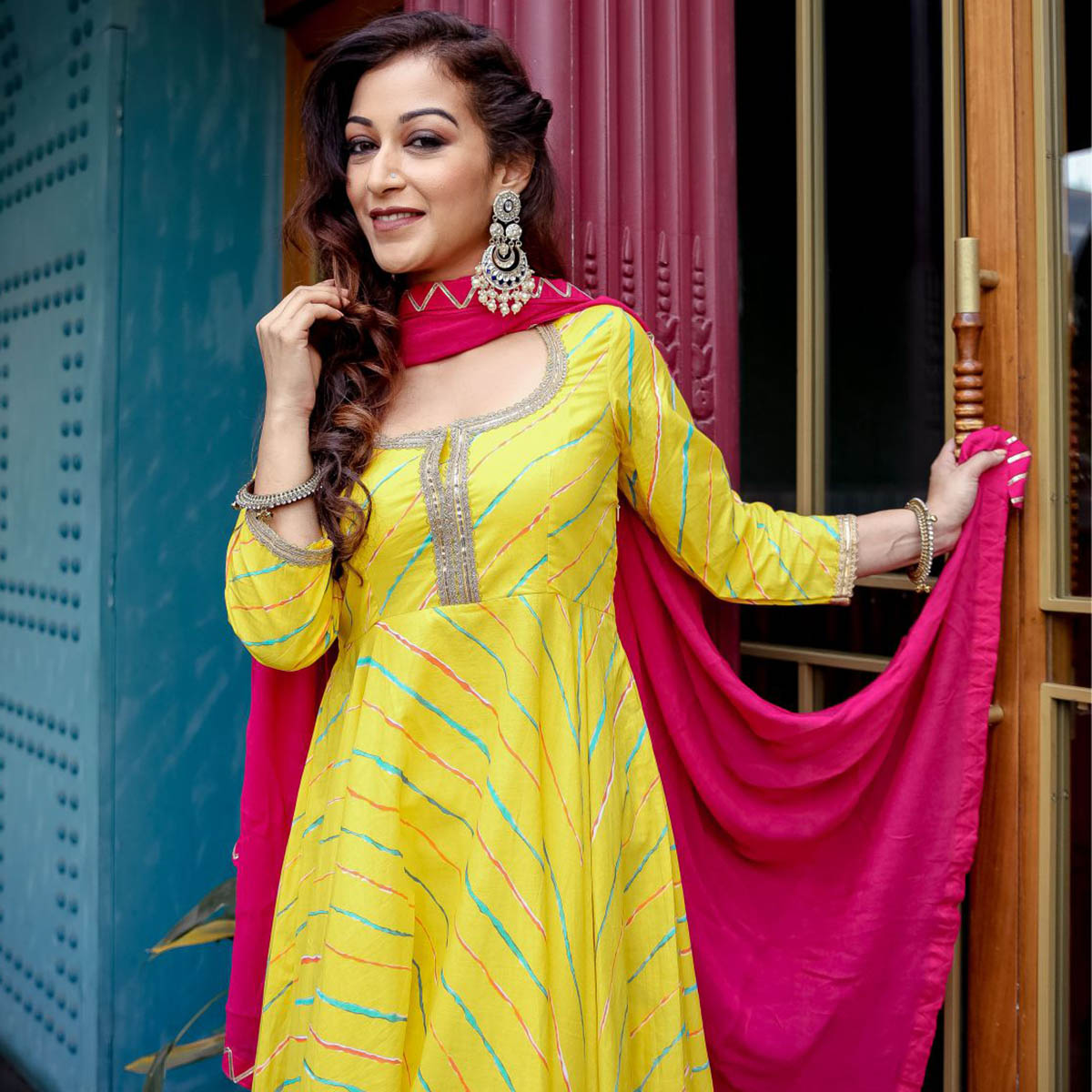 Yellow Leheriya Anarkali Suit Set