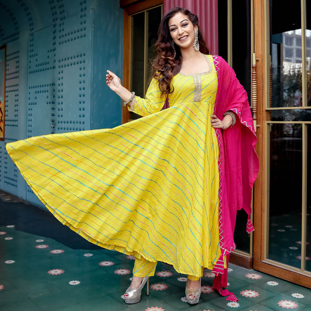 Yellow Leheriya Anarkali Suit Set